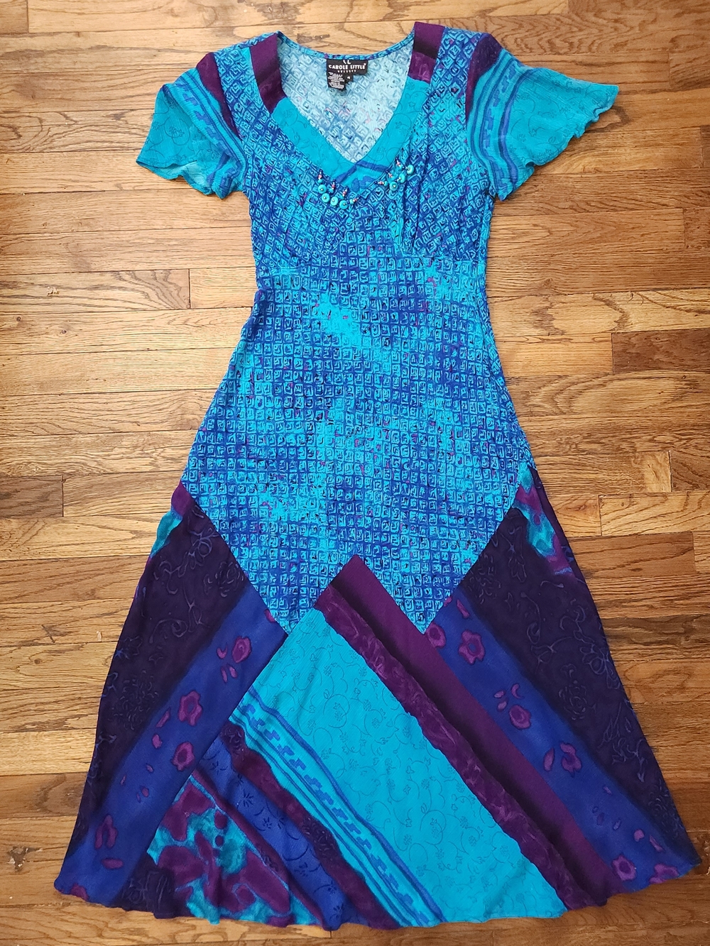 Vintage 90s Carole Little Maxi Dress Teal Purple Patchwork Beaded Boho Art